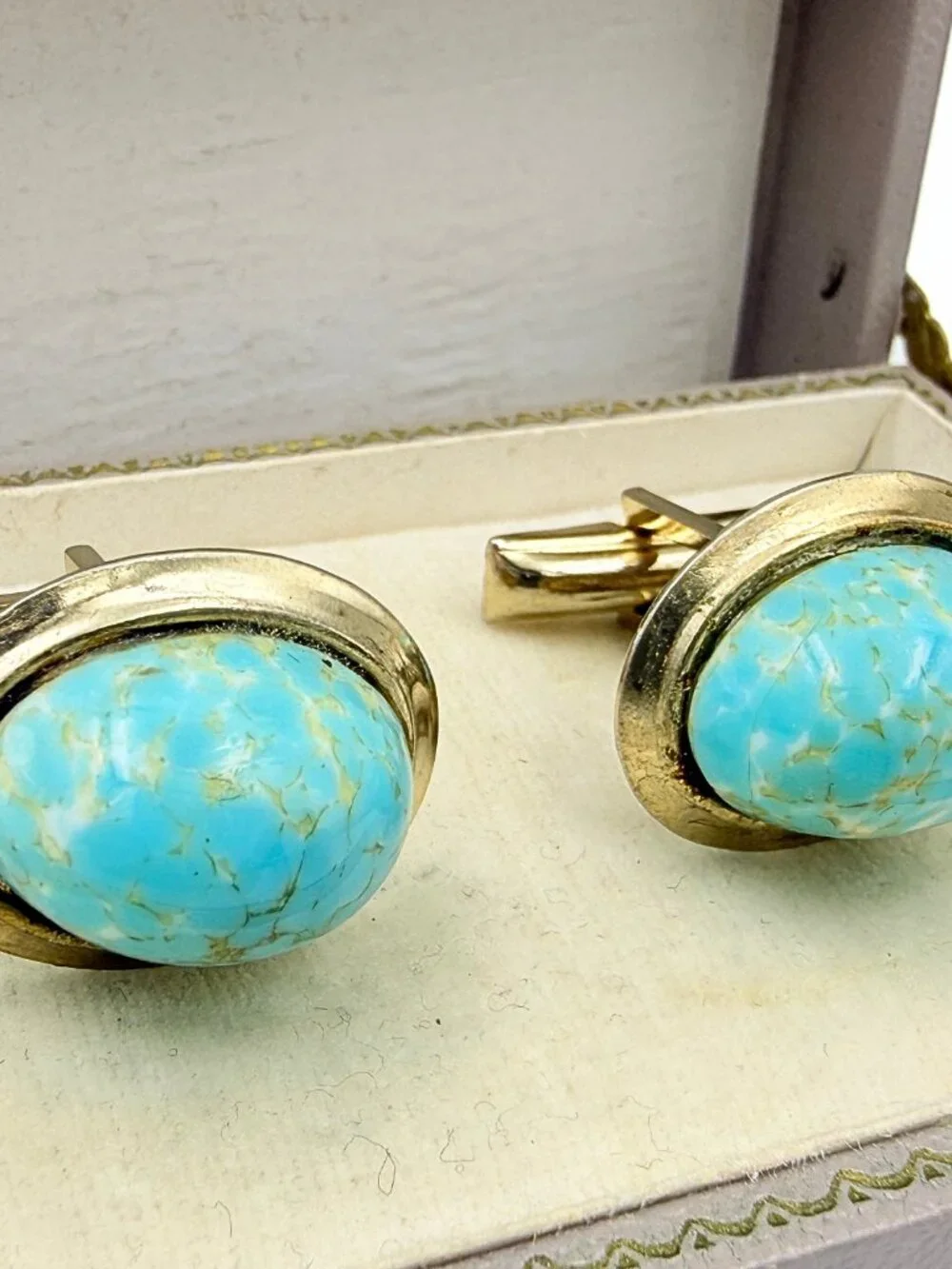 Minimalist Peking Glass Turquoise Cab Gold Plated MCM Cufflinks